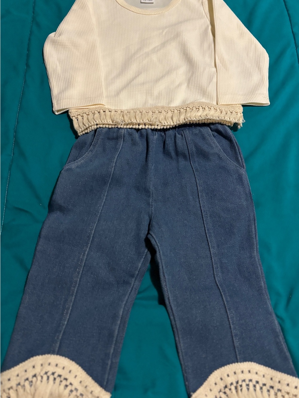 Boutique baby girl 2 pc  Boho Waffle Knit & Fringe Denim Pants Set 12/18 months